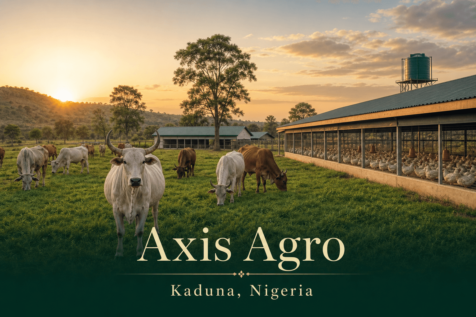 Cattle and poultry grazing at Axis Agro livestock farm in Kaduna, Nigeria