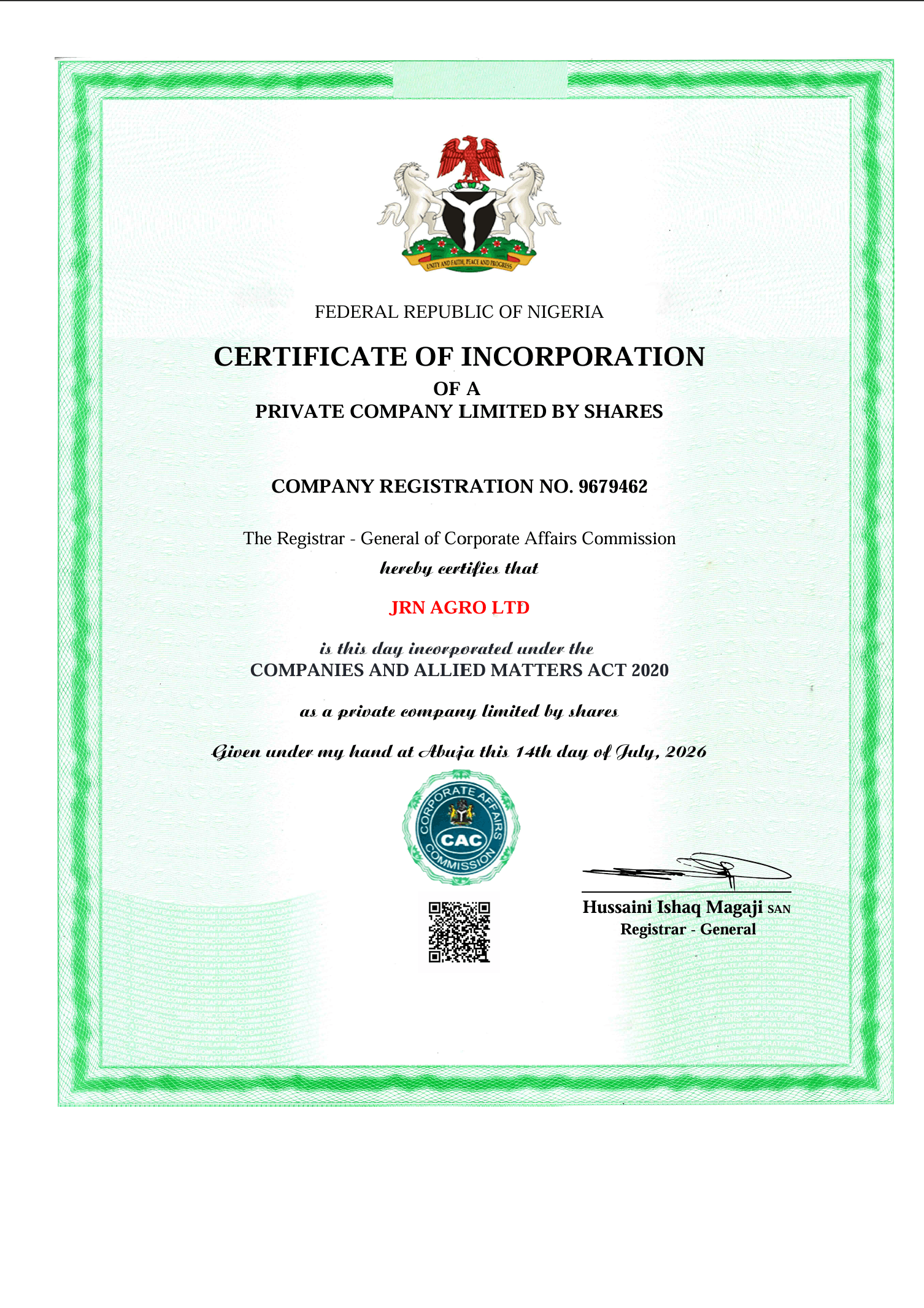 JRN Agro LTD Certificate of Incorporation, RC 9679462